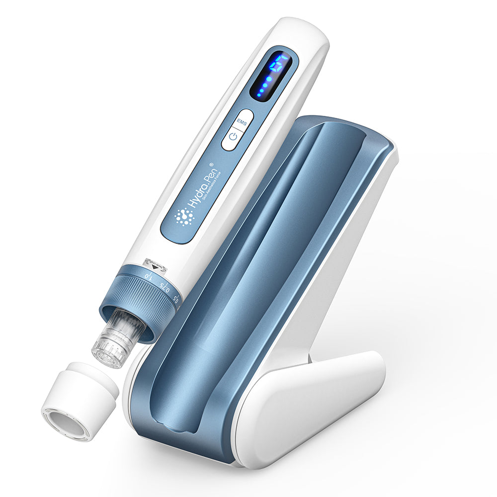Penna Hydra H5 in acciaio blu con cartuccia, cappuccio protettivo e base pausa abbinata