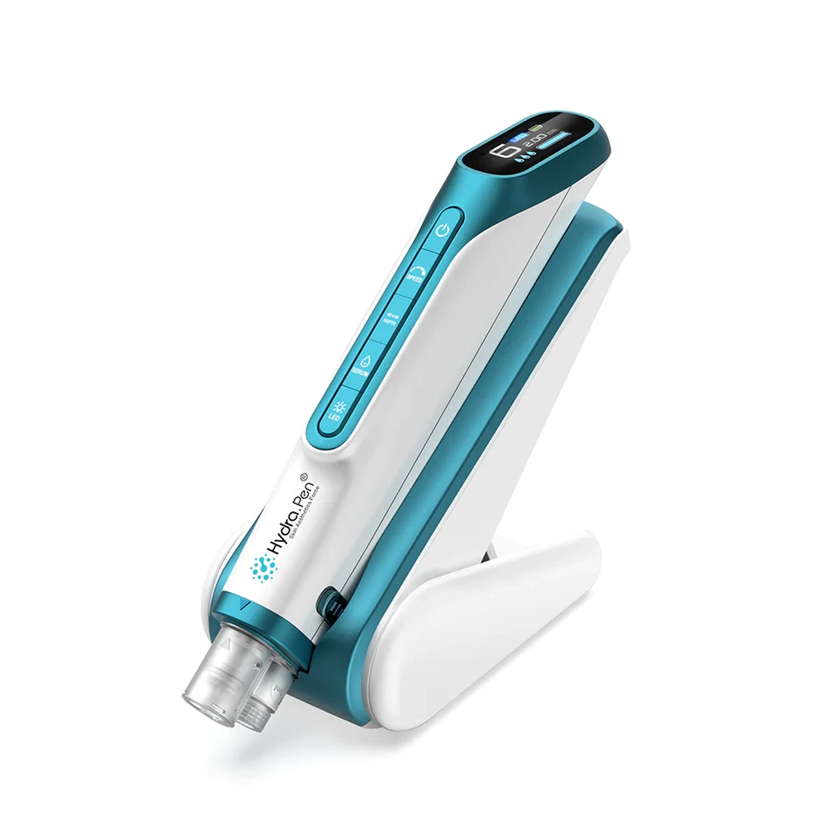 Hydra Pen H6 in colore Teal metallico con cartuccia montata e supporto manico pieghevole