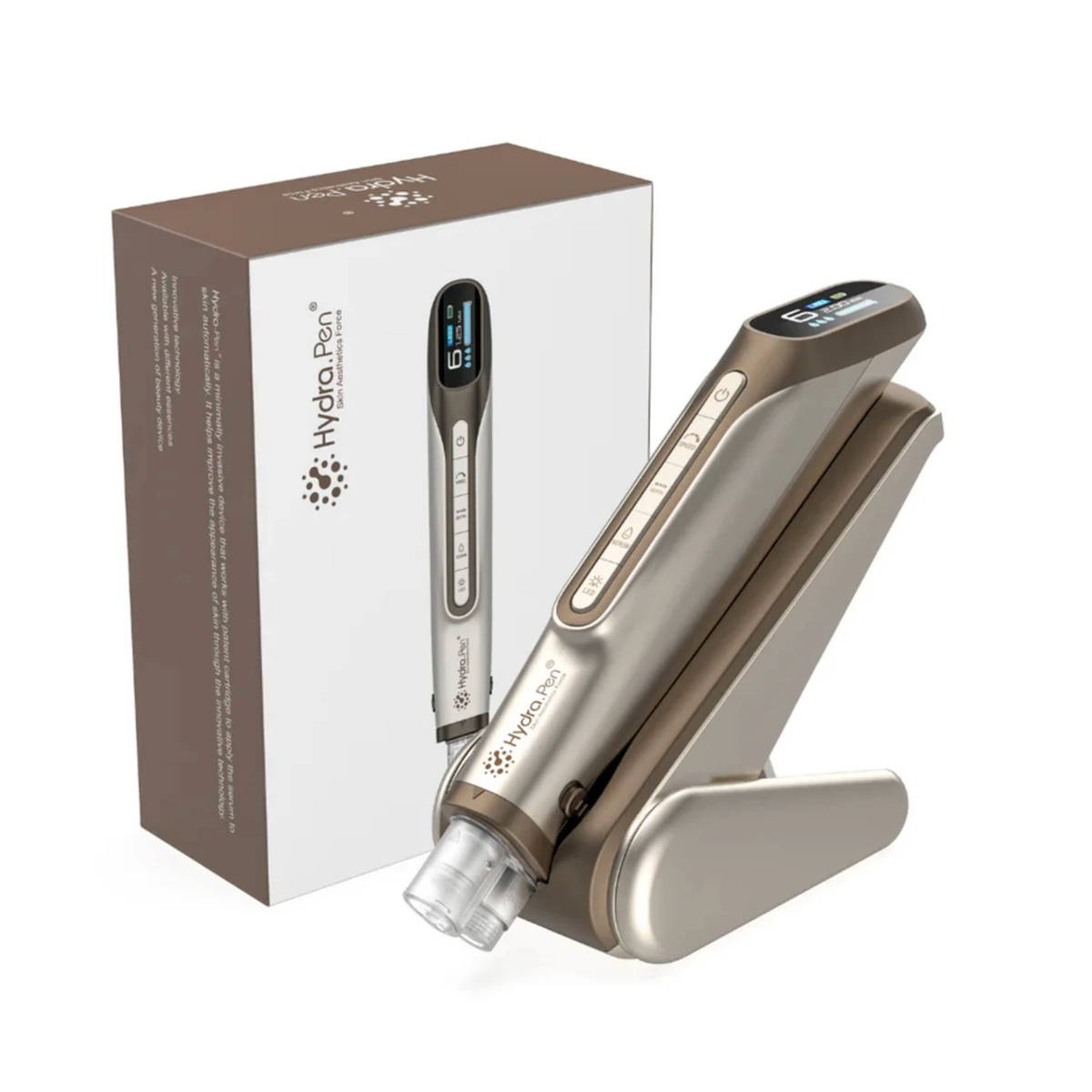 Hydra Pen H6 color oro champagne sul suo supporto accanto alla scatola del prodotto corrispondente