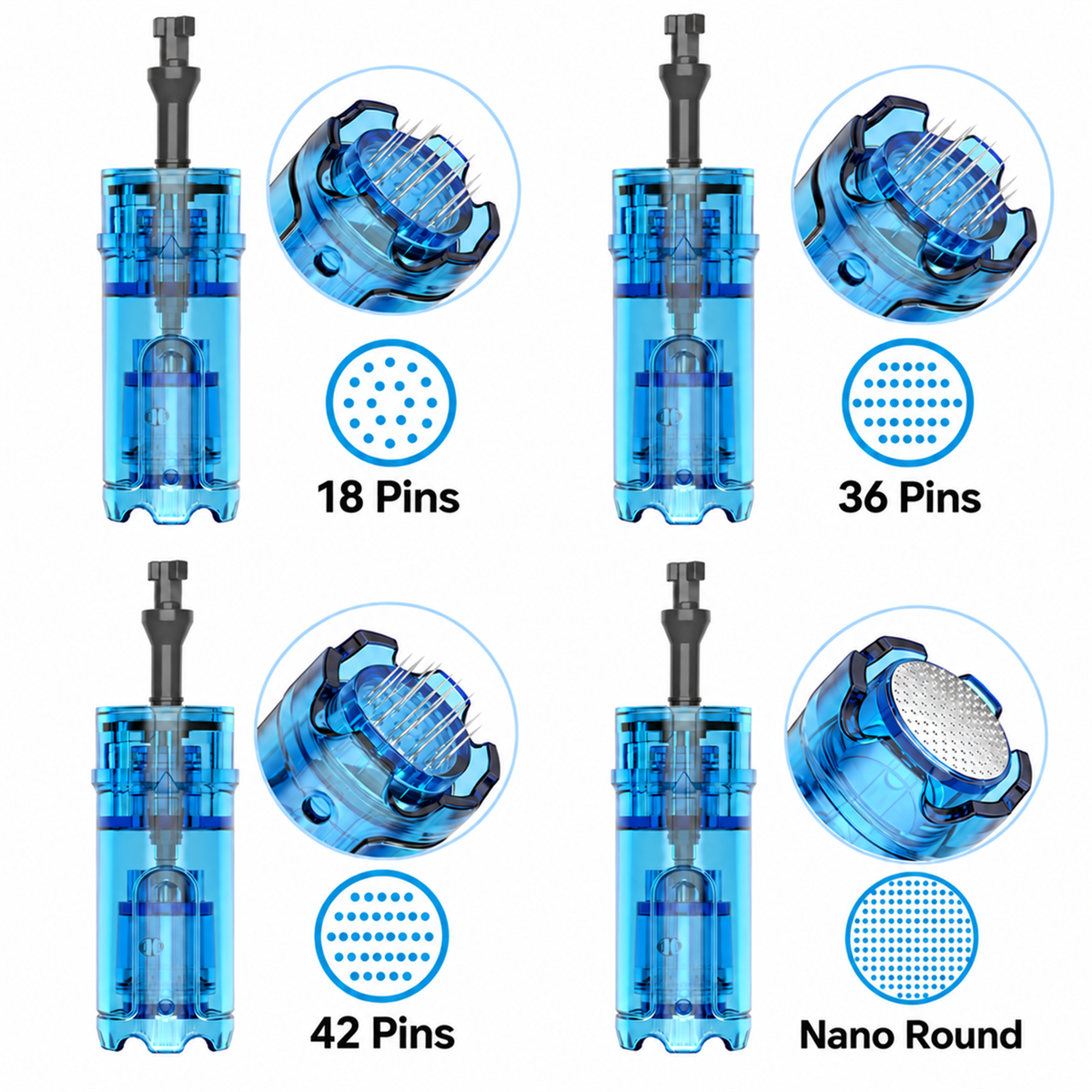Cartucce Dr. Pen M9 e M8 Max a 18 aghi, 36 aghi, 42 aghi e Nano rotonda con primi piani della punta