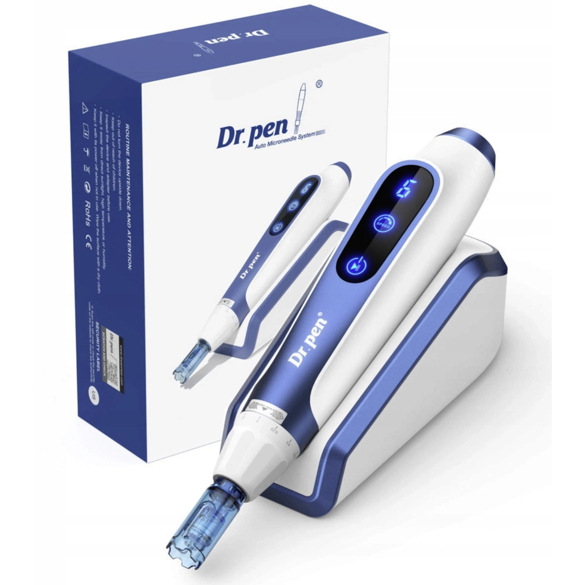 Dr. Pen A11 blu e bianco sulla sua base di pausa accanto alla confezione originale