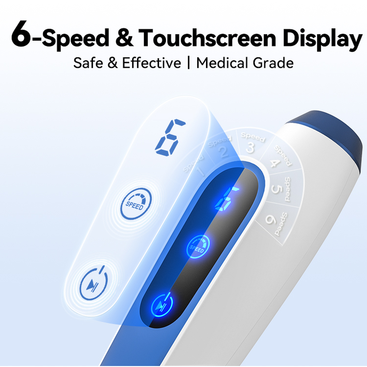 Primo piano del touchscreen illuminato del Dr. Pen A11 e dei sei livelli di velocità