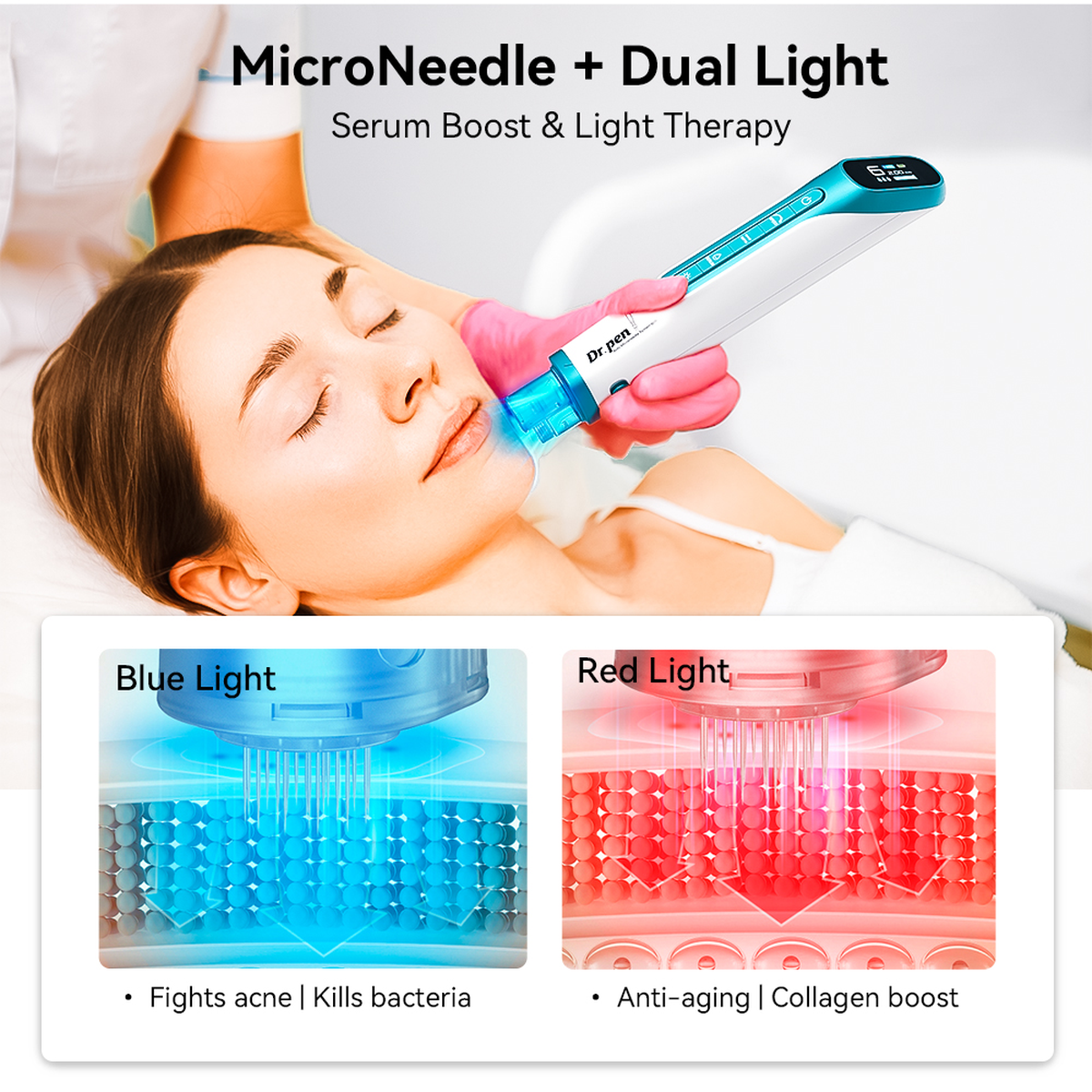 Opzioni LED rosso e blu della Hydra Pen H6 illustrate con una dimostrazione per uso sul viso