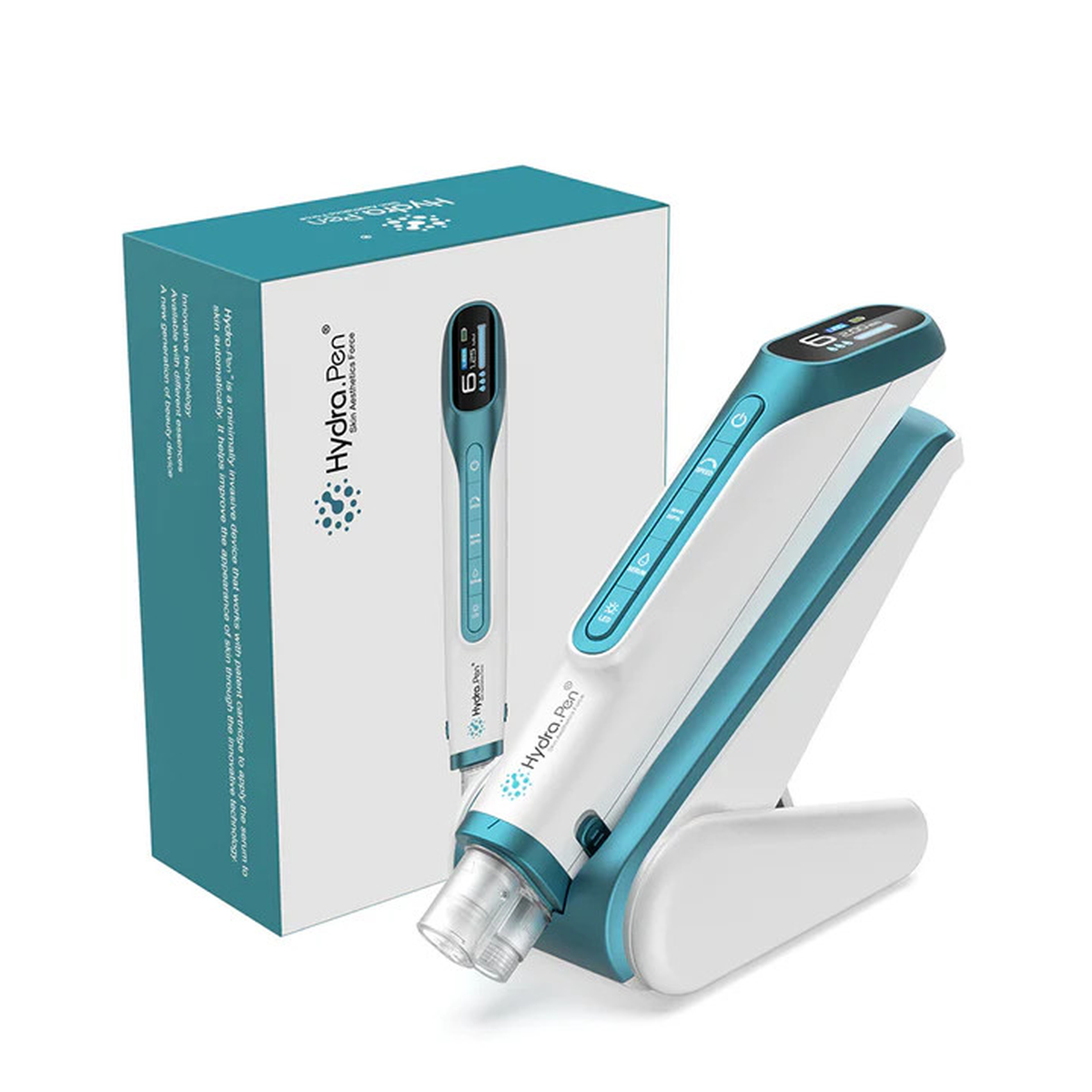 Hydra Pen H6 color teal metallico sul suo supporto accanto alla scatola del prodotto corrispondente