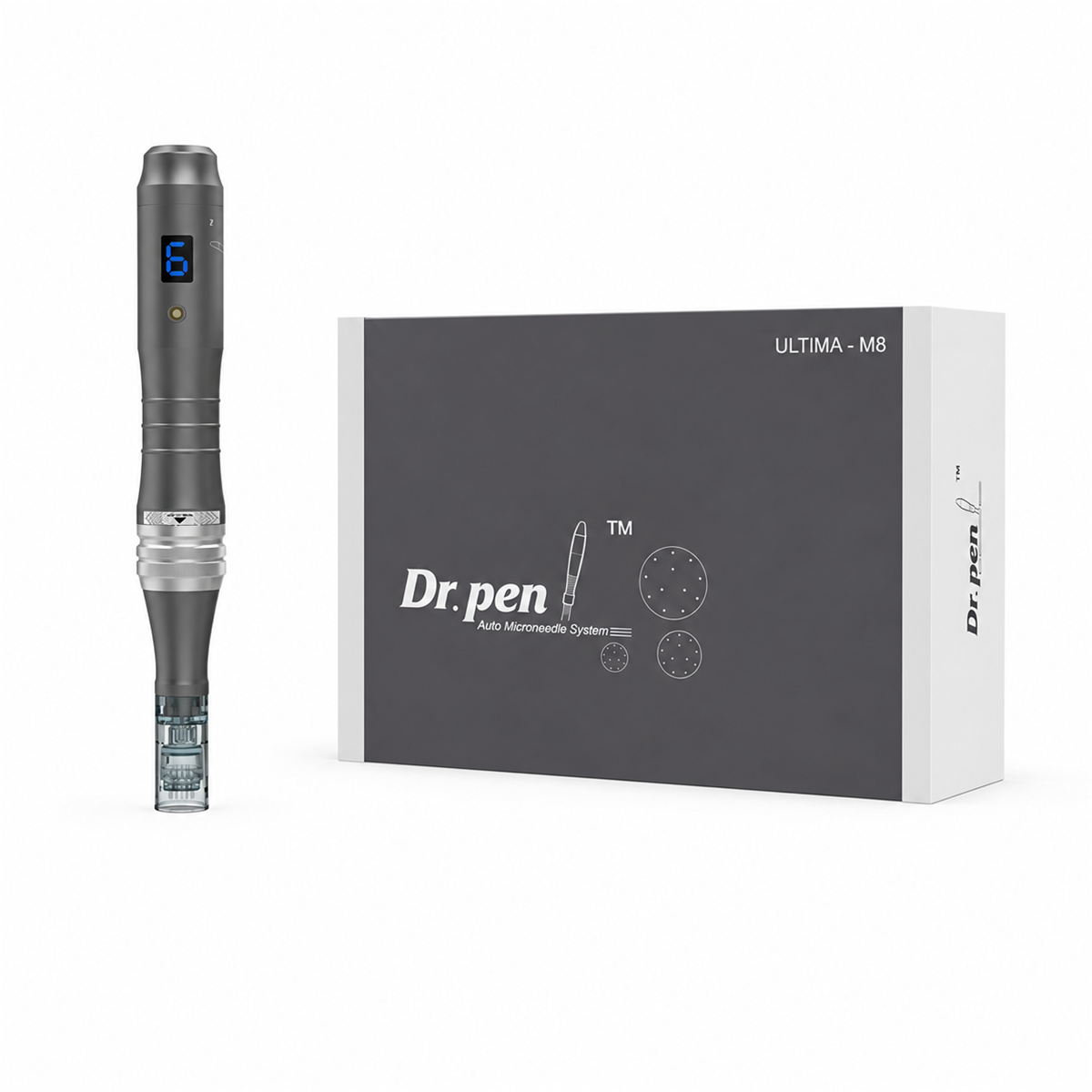 Penna microneedling Dr. Pen M8 argento accanto alla sua confezione M8 originale