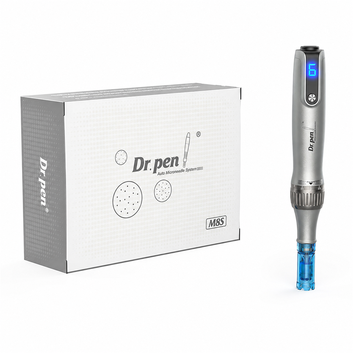 Manipolo Dr. Pen M8s argento con una cartuccia blu accanto alla sua scatola originale M8S