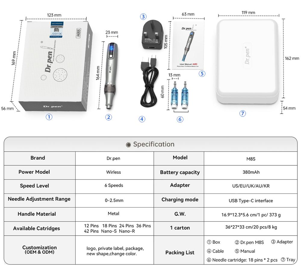 Dimensioni del Dr. Pen M8s, specifiche e disposizione degli accessori standard
