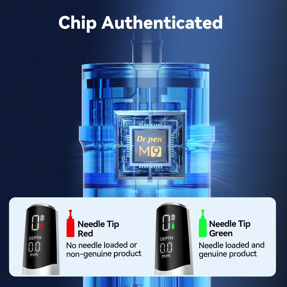 Illustrazione del chip della cartuccia Dr. Pen M9 con indicatori di stato di riconoscimento rossi e verdi